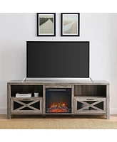 Boyel Living 70 Inches Industrial Metal Mesh Fireplace Tv Stand Farmhouse Drop-Down X-Door with Electric for TVs up to 80 Inches, S