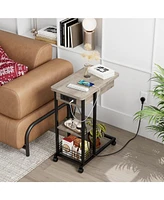 gaomon C Shaped Side Table with Charging Station, Flip Top Sofa End Table with Usb Ports and Outlets for Living Room & Bedroom, Narrow Side Table with