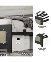 gaomon Full Size Bed Frame with Headboard, Industrial Platform Bed Frame with Charging Station