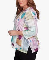 Alfred Dunner Plus Size Classic Geometric V-Neck Three Quarter Sleeves Top