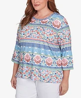 Alfred Dunner Plus Size Classic Knit Scroll Geometric Crew Neck Top