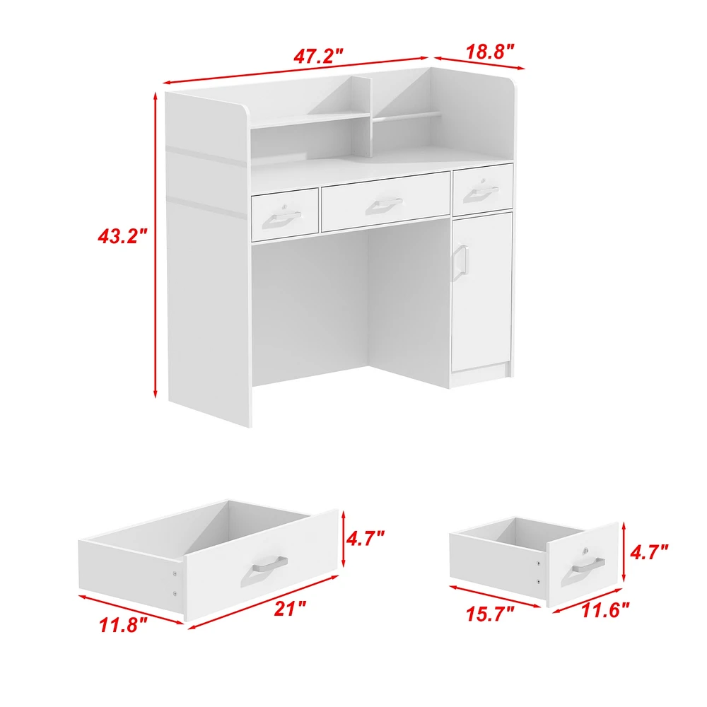 Computer Desk with Drawers, White Office Desk with Storage Cabinet, Study Writing Table for Home Office, Bedroom