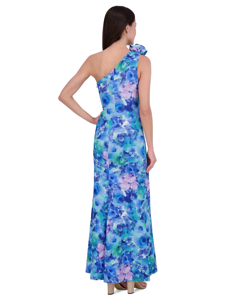 Eliza J Petite Rosette-Shoulder Watercolor-Print Evening Gown