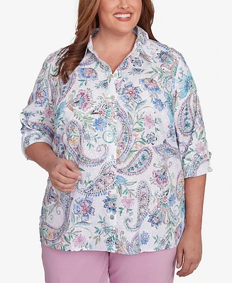 Alfred Dunner Plus Size Classic Paisley Button Down Cuffed Sleeves Top