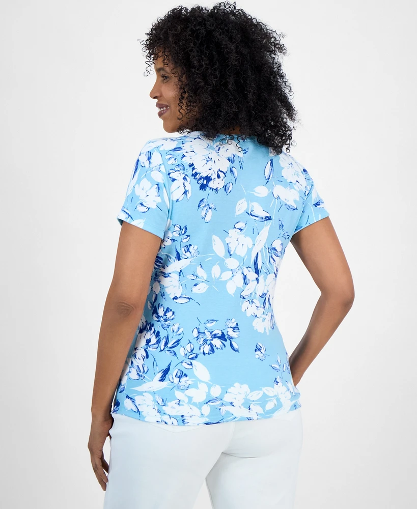 Style & Co Petite Floral-Print Scoop-Neck Short-Sleeve Knit Top, Exclusively at Macy's