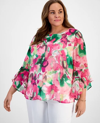 Kasper Plus Size Floral-Print Bell-Sleeve Blouse