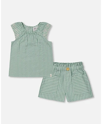Deux par Deux Toddler Girls Chambray Blouse And Short Set Mint Green Striped - Toddler|Child