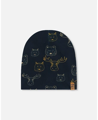 Deux par Deux Boy Printed Beanie Hat Beige Animals On Black Background - Toddler|Child