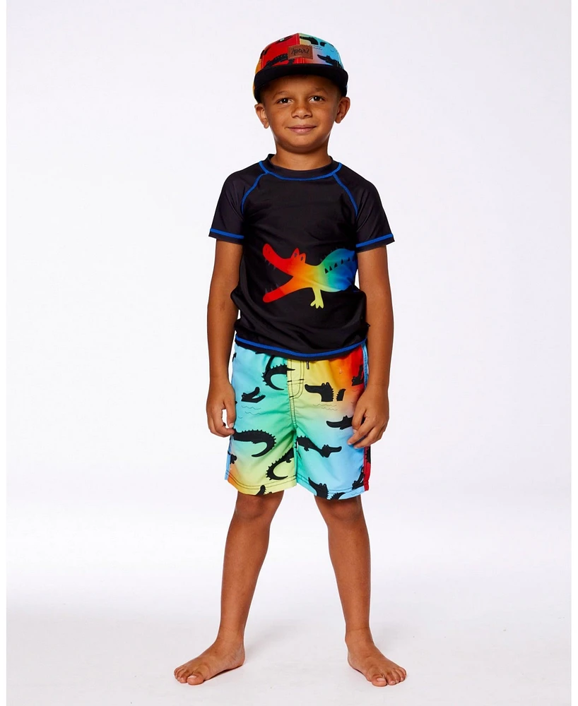 Deux par Boys Short Sleeve Rashguard Black And Multicolored Crocodiles