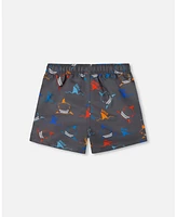 Deux par Deux Boys Printed Boardshorts Orange, Red, And Blue Sharks On Gray