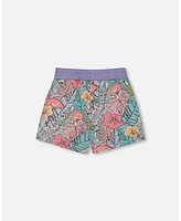 Deux par Deux Big Girls Printed French Terry Short Lilac Tropical And Pink Flamingos