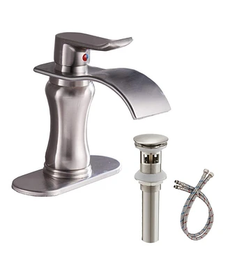Waterfall Single Hole Single-Handle Low-Arc Bathroom Faucet With Pop-up Drain Assembly in Brushed Nickel