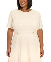London Times Plus Size Crewneck Button-Tab Short-Sleeve Midi Dress