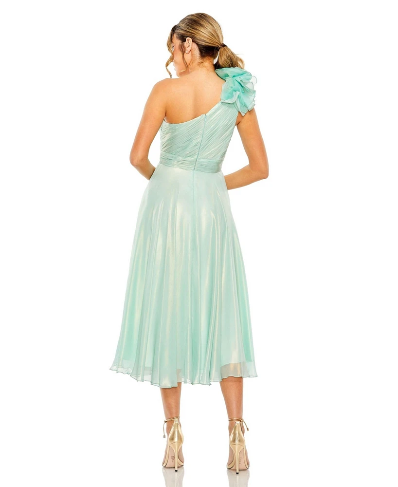 Women's Rosette One Shoulder Tea Length Dress