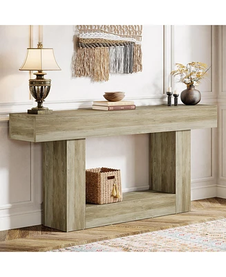 Tribesigns 63" Console Table, Farmhouse 2-Tier Entryway Table with U-Shaped Base, Narrow Long Wood Sofa Behind Couch for Living Room,