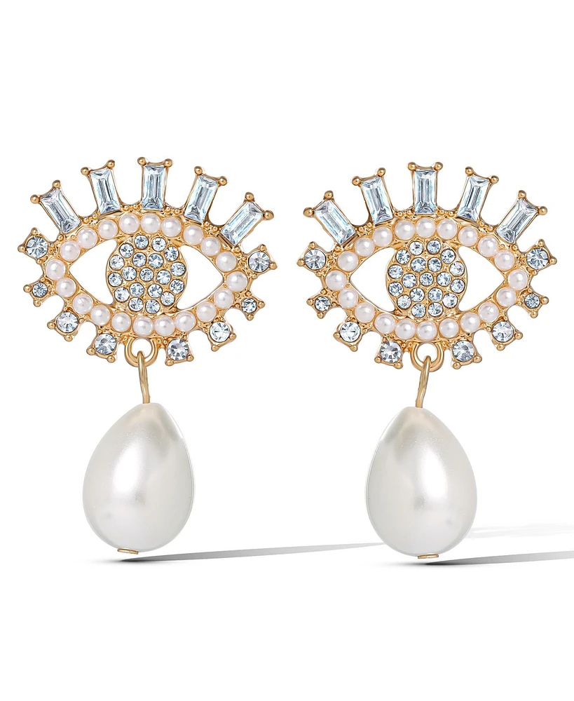 Jessica Simpson Gold-Tone Evil Eye Pearl Drop Earrings