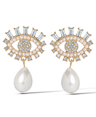 Jessica Simpson Gold-Tone Evil Eye Pearl Drop Earrings