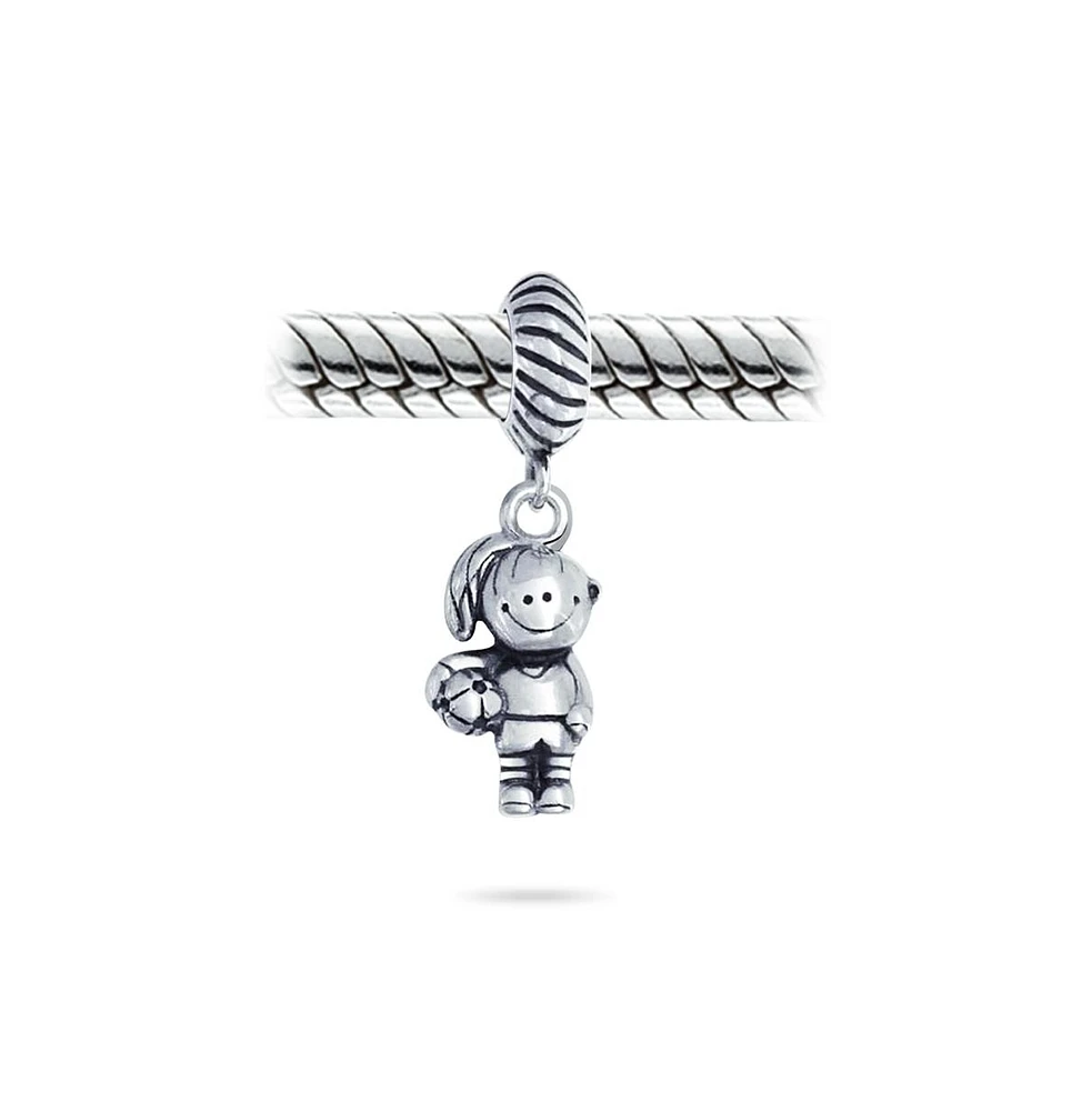 Bling Jewelry Cartoon Cheerleader Soccer Player Dangle Charm Bead Sterling Silver Bracelet