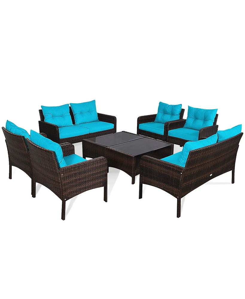8PCS Patio Rattan Sectional Furniture Set Loveseat Sofa Coffee Table