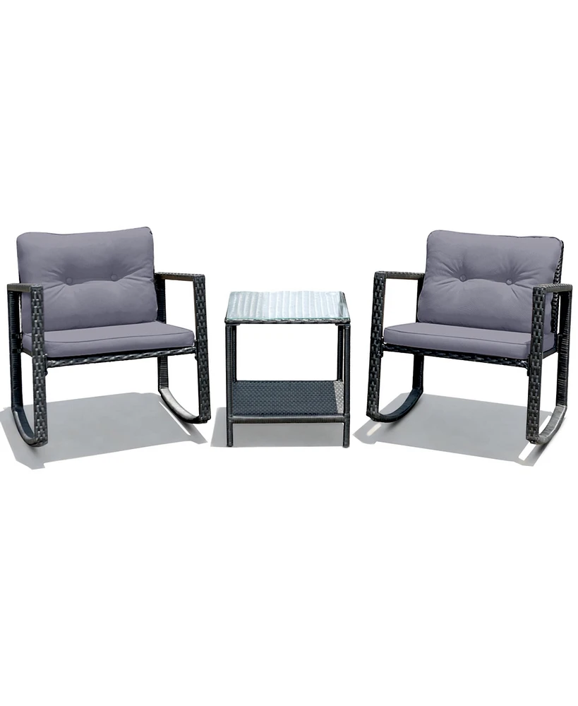 Gymax 3PCS Rattan Rocking Chair Table Set Patio Furniture Set w/ Cushions