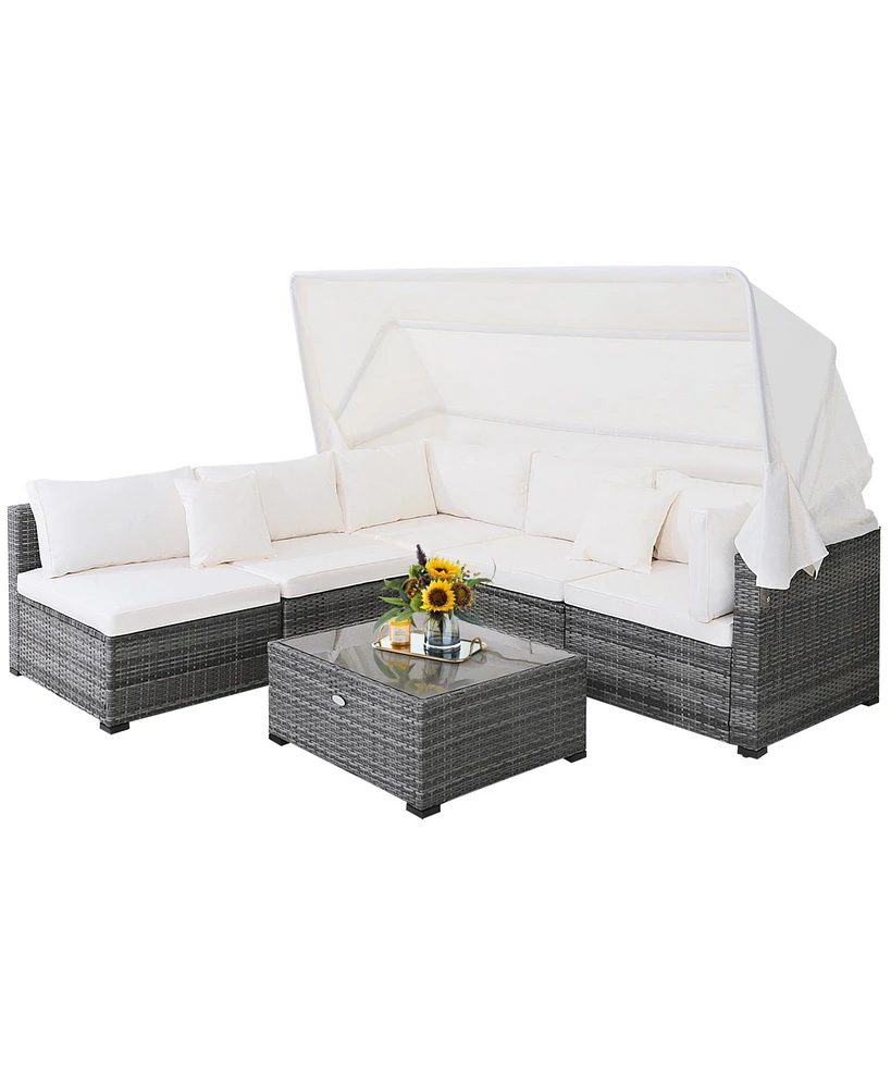 Gymax 6 Pcs Pe Rattan Patio Furniture Set w/ Tempered Glass Table and Retractable Canopy