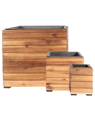 Indoor/Outdoor Square Acacia Wood Planter Box with Plastic Liner - 3pk - Light Brown Stain