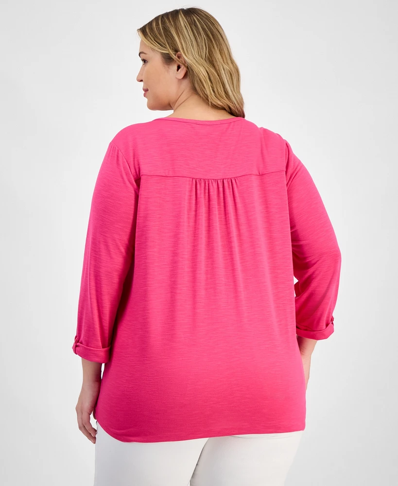 Kasper Plus Size Draped 3/4-Sleeve Henley Top