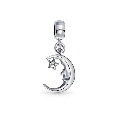 Bling Jewelry Starry Night Crescent Moon & Star Dangle Charm Bead Sterling Silver Bracelet