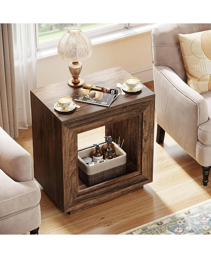 Tribesigns Rustic Wood End Table, 2 Tiered Square Side Table with Storage Shelf (2, Wood)