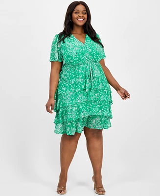 Sandra Darren Plus Size Printed Chiffon Tie-Waist Flutter-Sleeve Dress