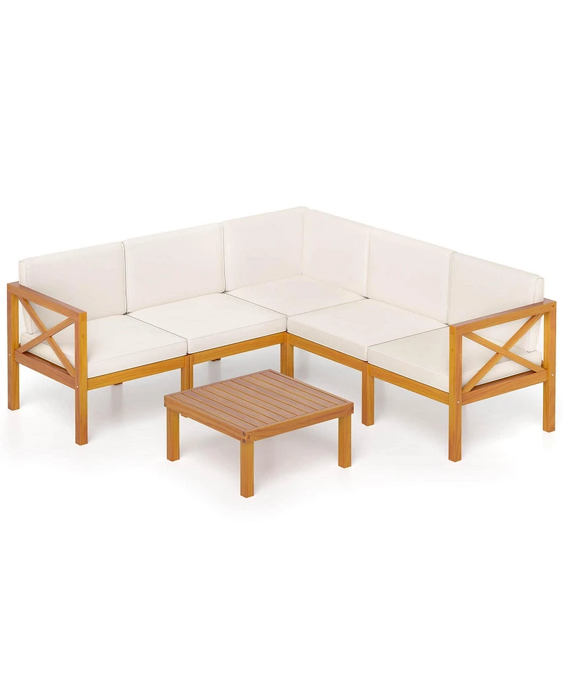 Gymax Set of 6 Acacia Wood Patio Furniture Set w/ Cushions & Coffee Table