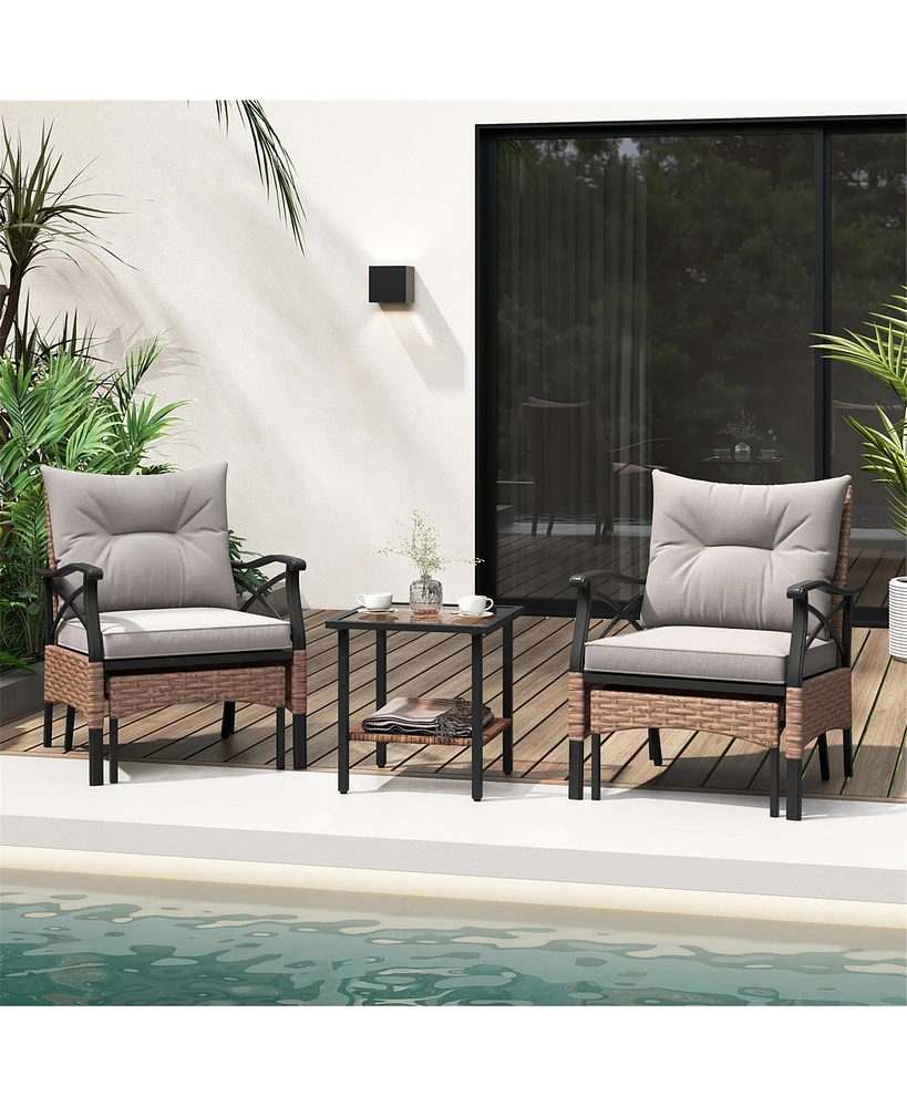 Gymax 5PCS Wicker Patio Furniture Set Rattan Chairs w/ 2-Tier Tempered Glass Side Table