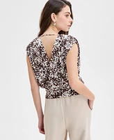 I.n.c. International Concepts Women's Printed Ruched-Shoulder Top