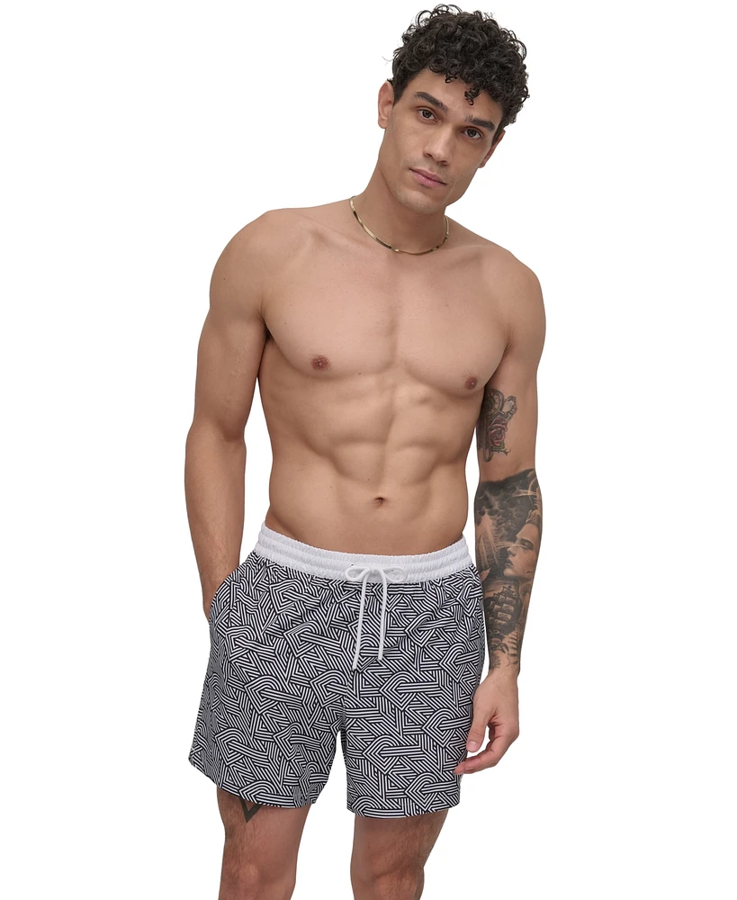 Dkny Men's Euro Black & White Bandana Print Performance 5" Volley Shorts