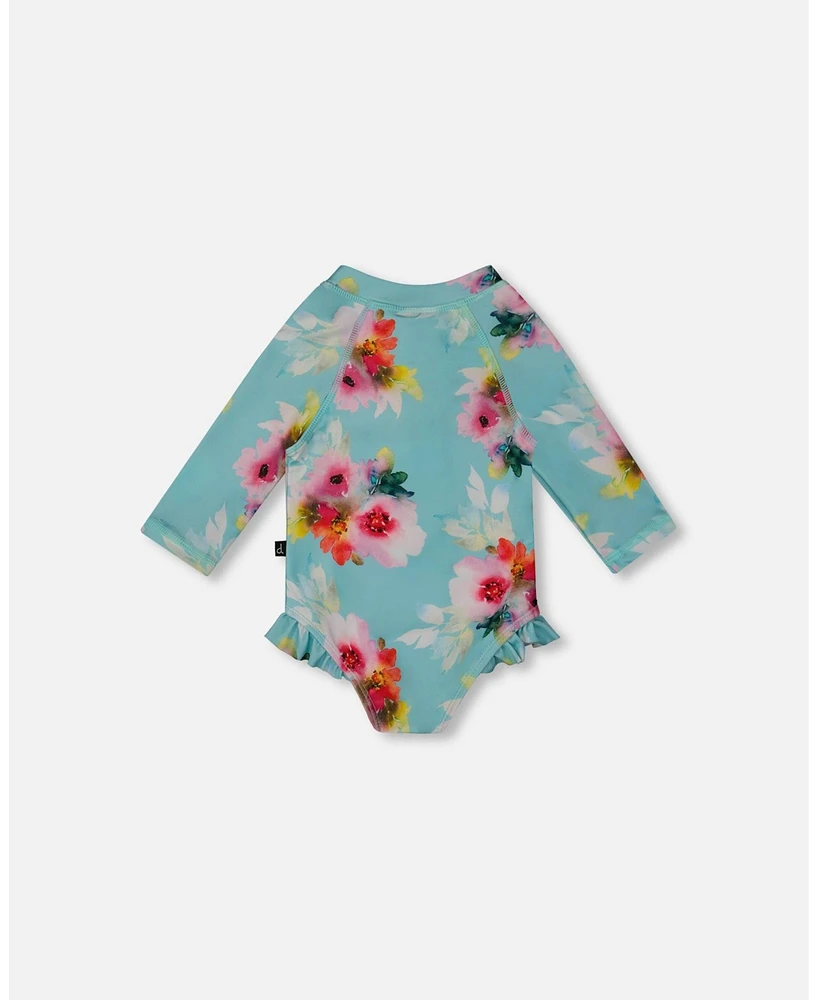 Girl Printed One-Piece Rashguard With Frills Turquoise And Pink Flowers - Toddler|Child