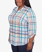 Alfred Dunner Plus Size Nantucket Plaid Knit Button Front Collared Top