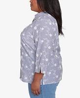 Alfred Dunner Plus Size Flower Power Striped Breezy Floral Applique Collared Top