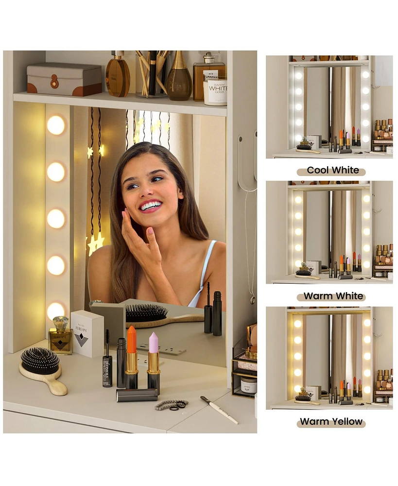 Compact Vanity Desk with 3-Color Lighted Mirror and Built-In Power Outlets