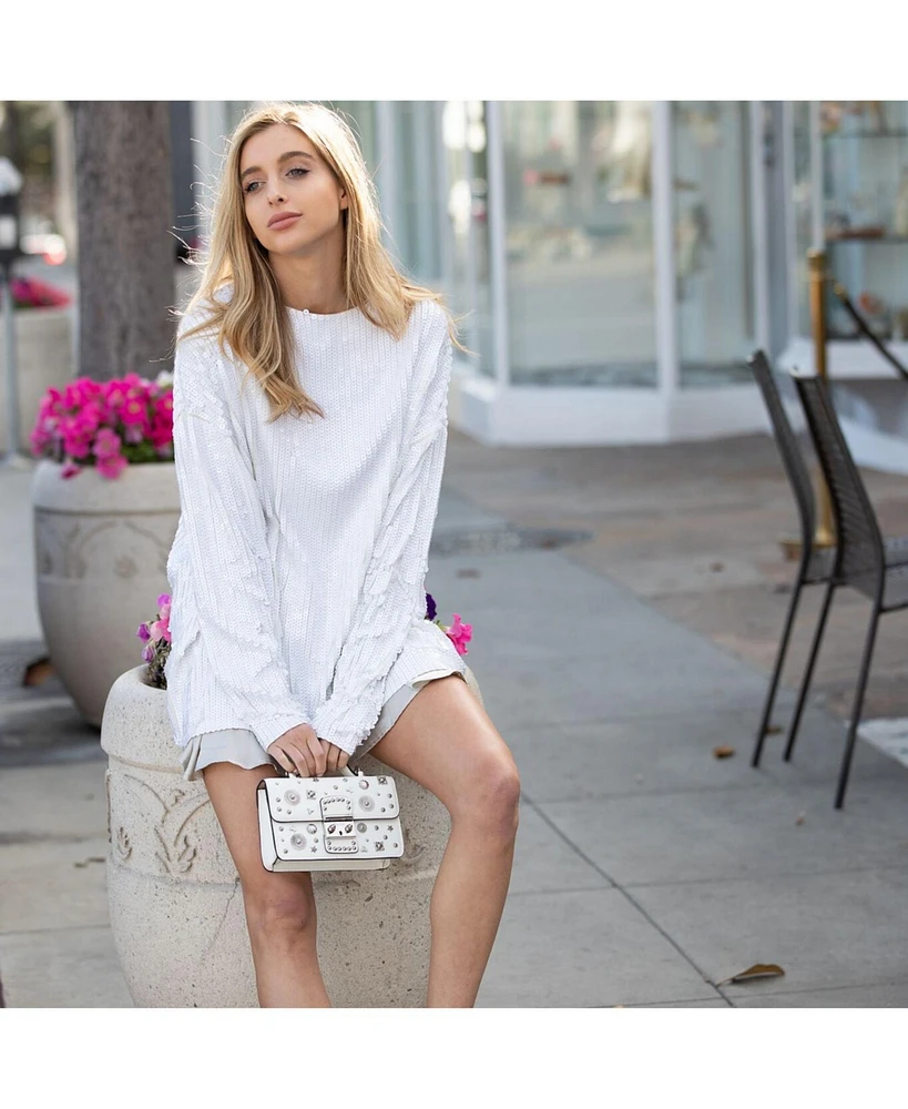 Susu White Leather Crossbody Bag Small Structured Women s Handbag with Top Handle and Embelishments