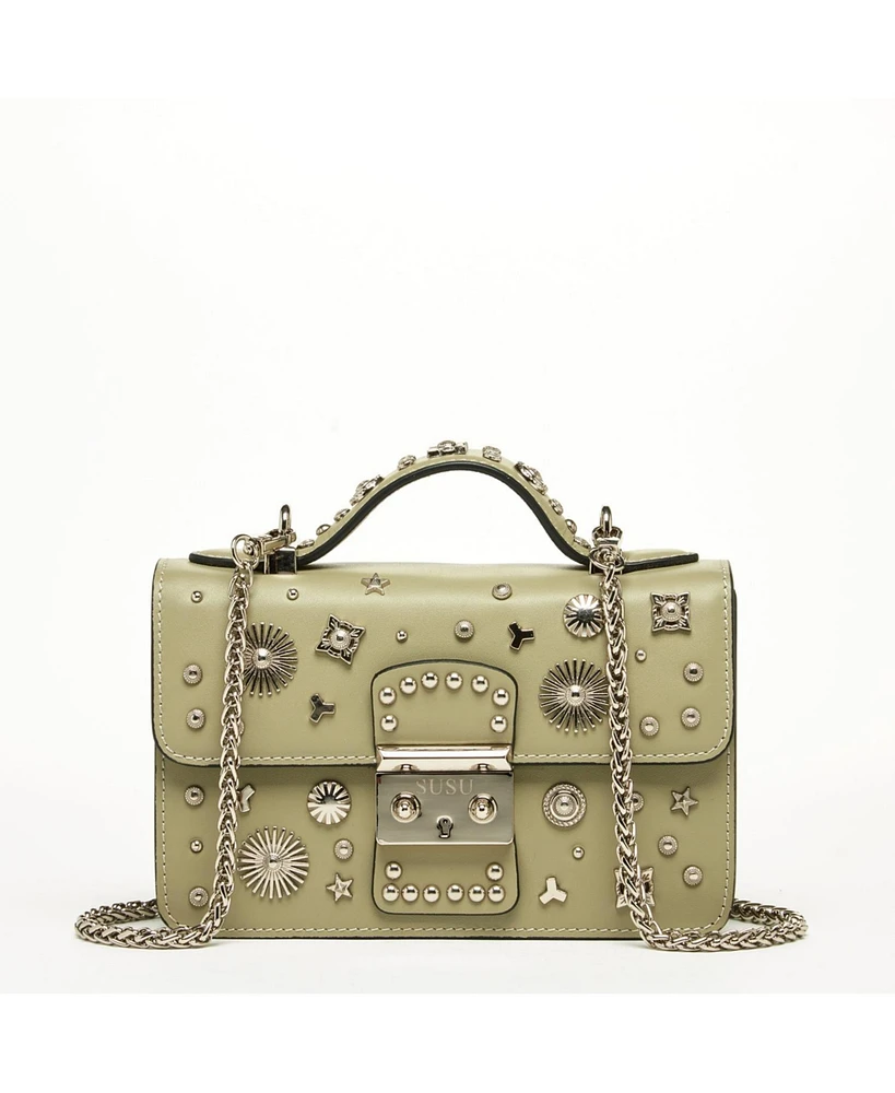 Susu Women s Sage Green Studded Crossbody Bag Designer Shoulder Purse with Chain Strap and Top Handle, Statement Handbag with Embellished for Day to N