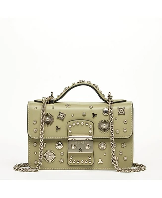 Susu Women s Sage Green Studded Crossbody Bag Designer Shoulder Purse with Chain Strap and Top Handle, Statement Handbag with Embellished for Day to N