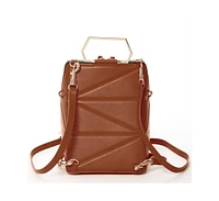 Susu Brown Leather Backpack Purse Unique Convertible Crossbody Bag for Women with Geometric Shape and Metal Top Handle