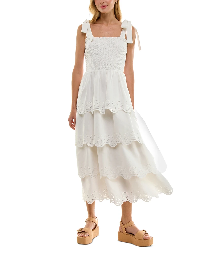 Crystal Doll Juniors' Eyelet Smocked-Bodice Scalloped Midi Dress