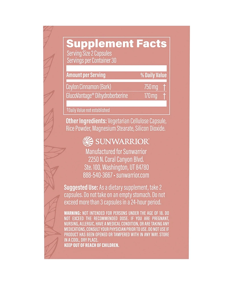 Berberine + Ceylon Cinnamon Capsule, Support Balanced Metabolism, Healthy Blood Sugar Levels, & Weight Management, Sunwarrior, 60ct
