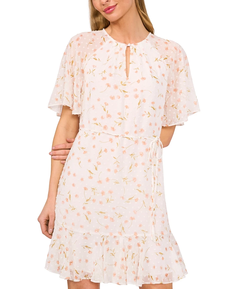 CeCe Women's Floral Clip-Dot Flutter-Sleeve Dress
