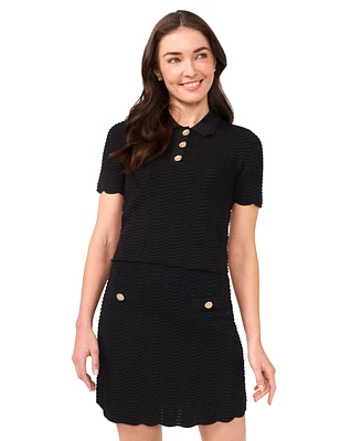CeCe Women's Scalloped Jewel-Button Short-Sleeve Sweater