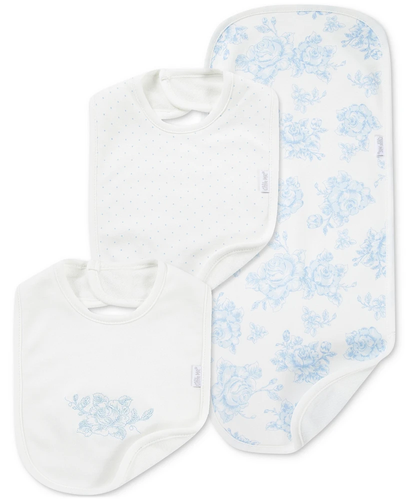 Little Me Baby Girls Blue Roses Cotton Burp Cloth & Bibs, 3 Piece Set