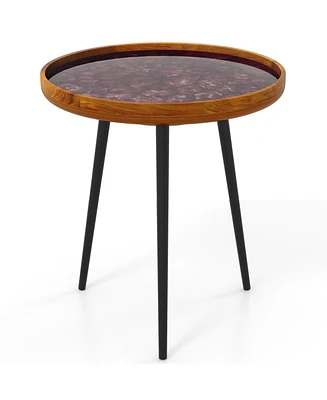 Round End Table with Sea Shell Inlay and Epoxy Resin Top for Living Room Decor