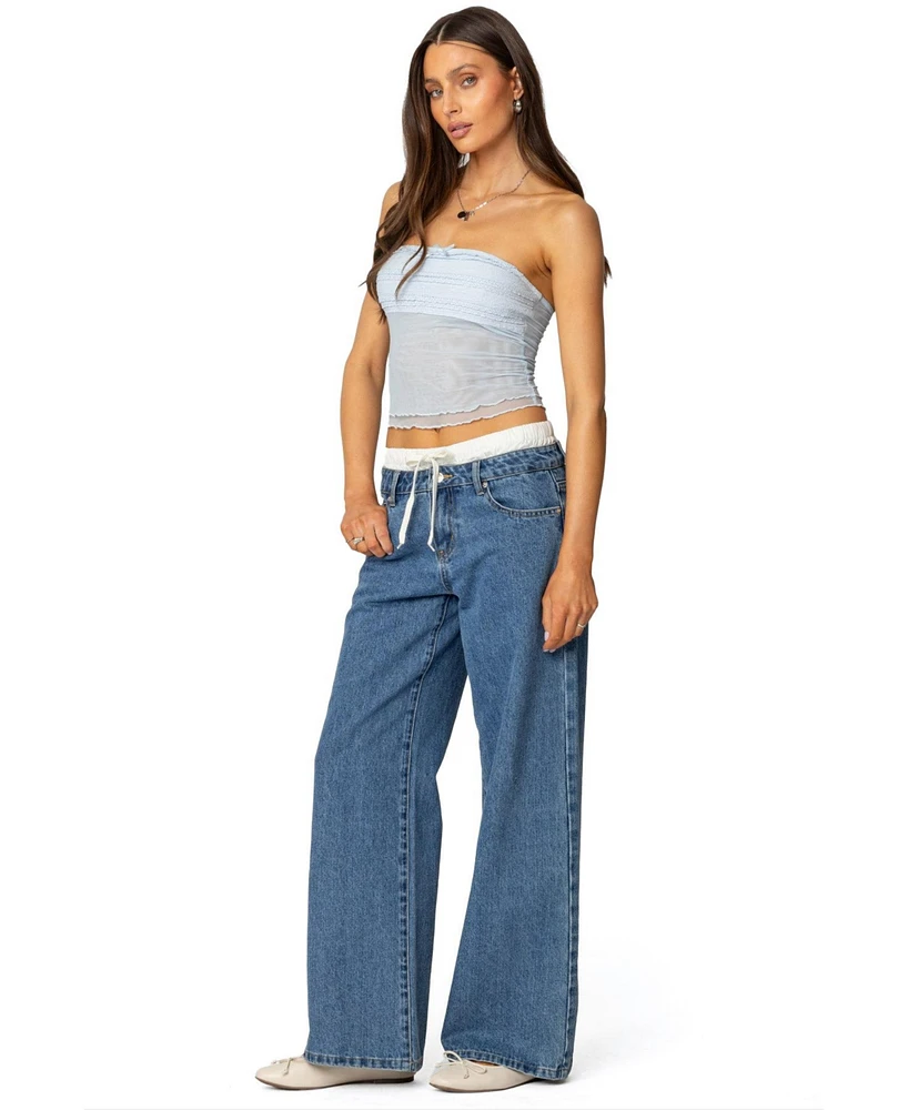 Edikted Womens Rori Ruffle Knit Sheer Mesh Top