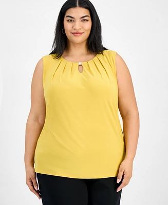 Kasper Plus Sleeveless Pleated Keyhole Blouse